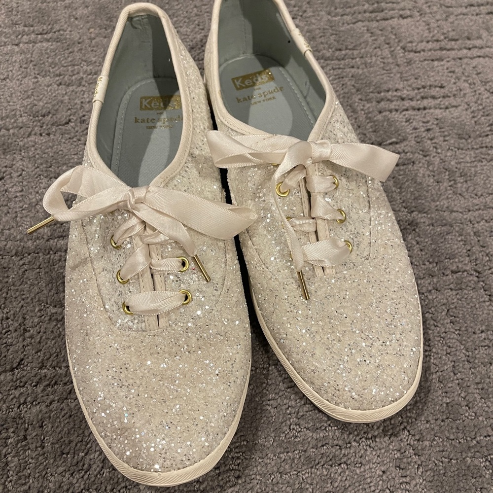 Keds x Kate Spade White Glitter Sneakers, Size 8.5